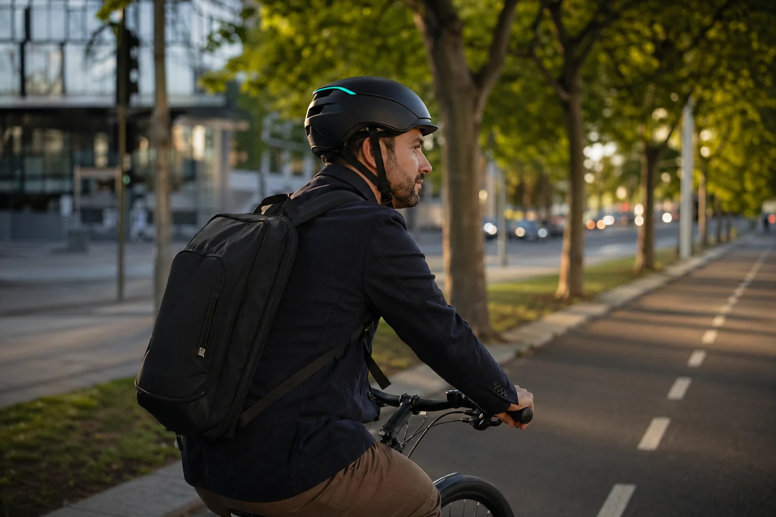 Cycliste urbain portant un casque CASR près d'une piste cyclable